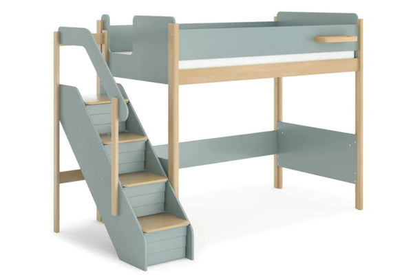 Contemporary two-tone design. It's ideal for Scandinavian-inspired interiors & includes a handy little shelf to keep items, as well as a storage staircase complete with plastic storage tubs perfect for keeping your child's bedroom neat & tidy. Crafted from a combination of sustainable Australian Araucaria timber