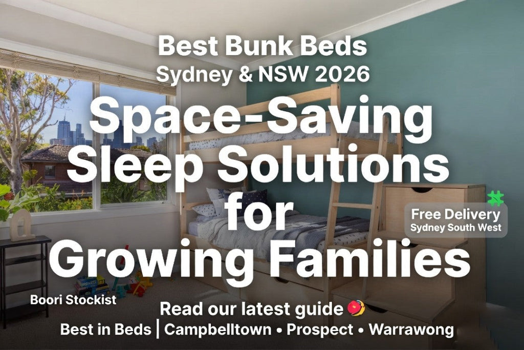 Best bunk beds Sydney NSW 2026 – Space-saving kids bunk beds guide from Best in Beds, with Boori bunk bed in a bright Sydney family bedroom