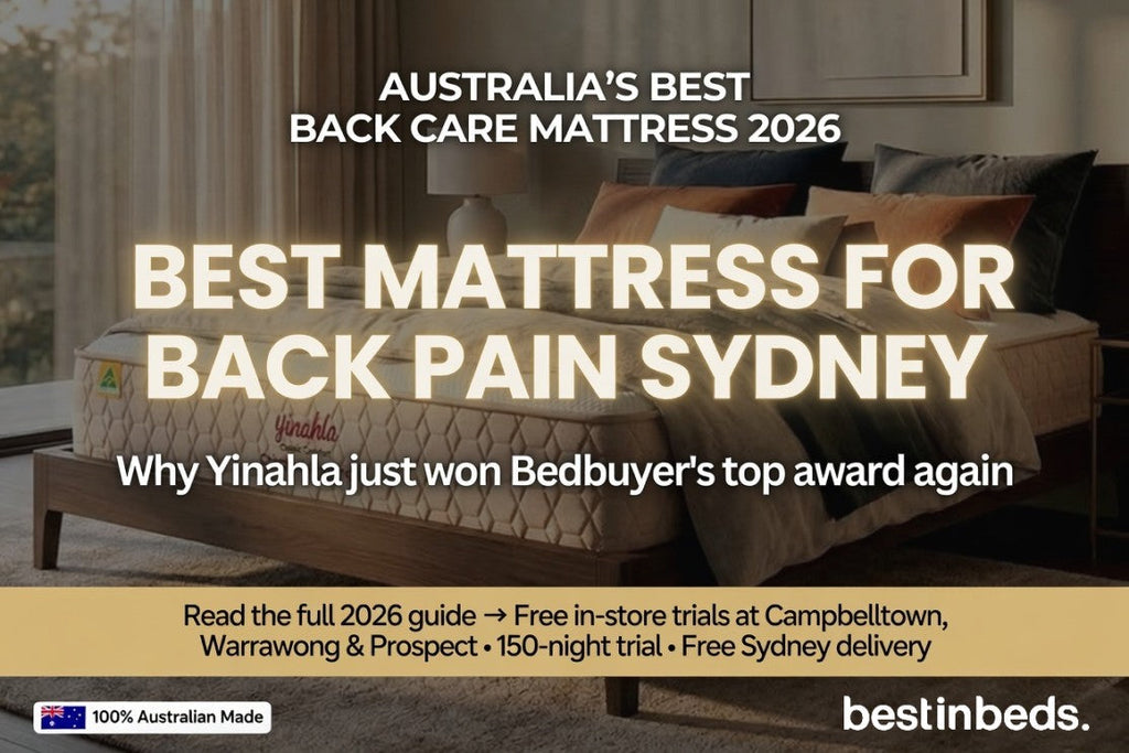 Best mattress for back pain Sydney 2026 - Yinahla awarded Australia’s Best Back Care Mattress by Bedbuyer. Shown on stylish wooden bed in bright modern bedroom.