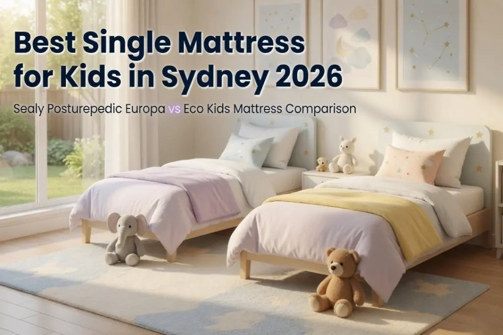 Best single mattress for kids in Sydney 2026 - Sealy Posturepedic Europa vs Eco Kids Mattress comparison banner