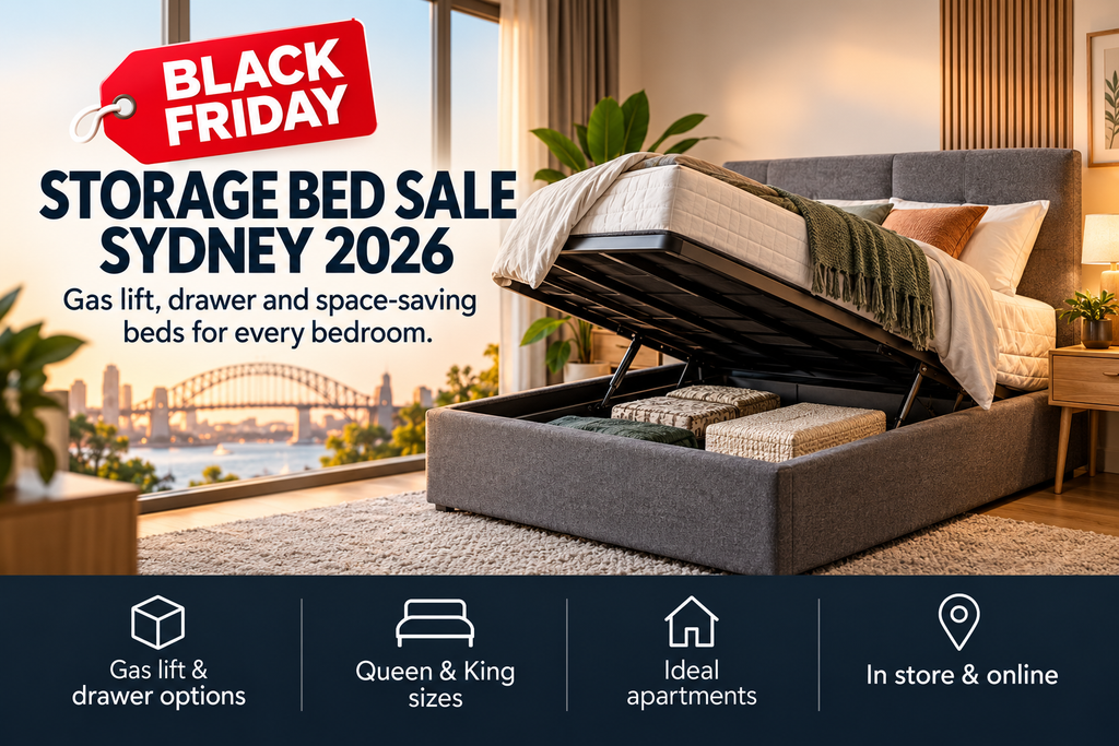 Black Friday storage bed sale in Sydney featuring gas lift and drawer storage beds in Queen and King sizes