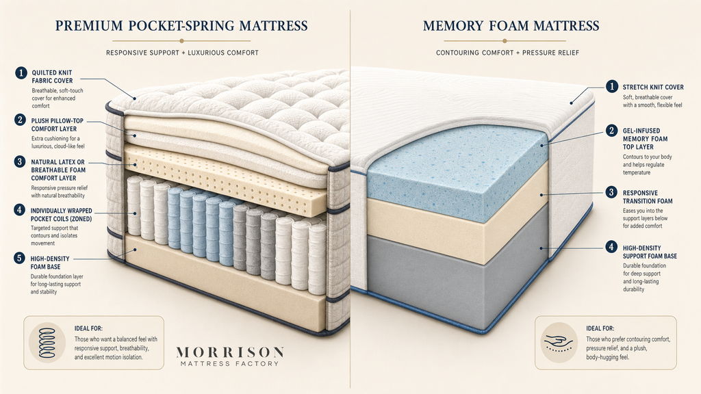 Cutaway comparison of a pocket-spring mattress and memory foam mattress showing internal layers — pocket springs, comfort foam, pillow-top, base layers