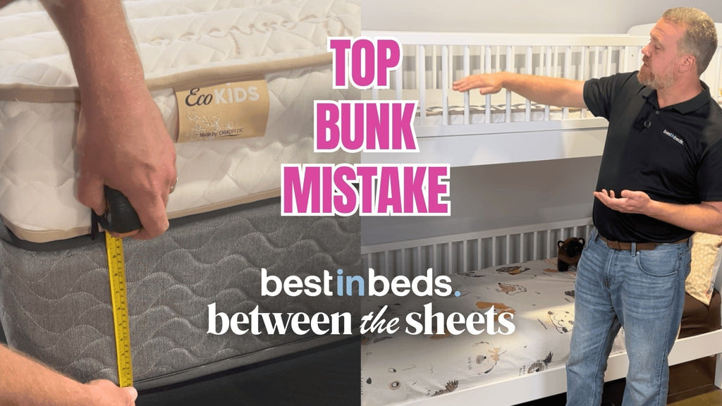 Wrong bunk mattress example showing a thick standard mattress reducing the safety rail height on a top bunk bed