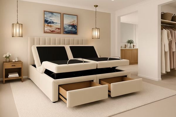 Beige adjustable bed with storage drawers in a room setting