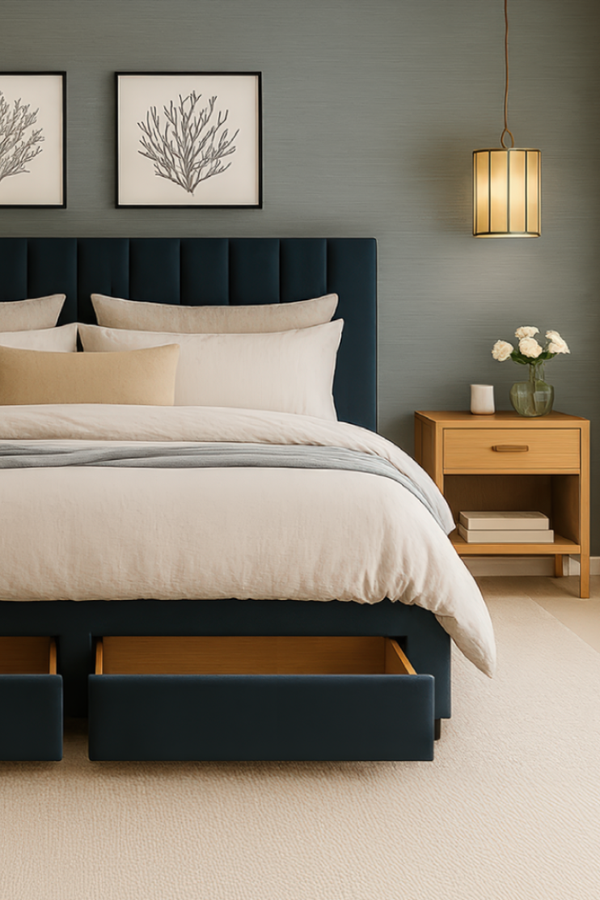 Modern bedroom with a dark blue upholstered bed, beige bedding, and a wooden nightstand.