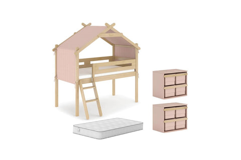 This fun kids loft bed package deal features the best selling Boori Forest Teepee Loft Bed and compatible Boori Pocket Spring Single Bed Mattress, along with 2 x Tidy Toy Cabinets. Blueberry and Cherry colour options also include a compatible canopy for the bed. Priced at 20% off RRP. Reminiscent of a treehouse..