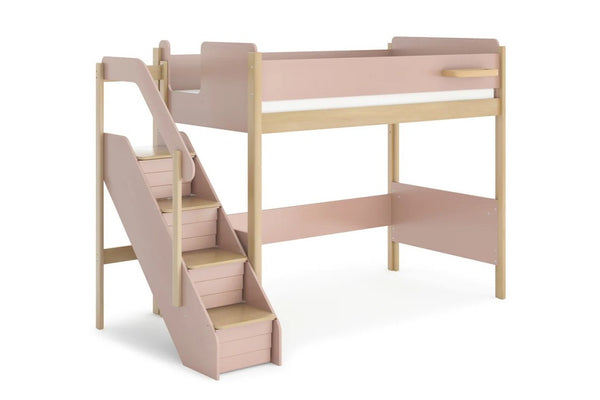 Natty King Single Loft with Storage Staircase in Cherry Pink and Almond Timber colour