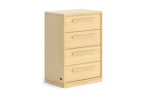 Pictured in Brushed Natural colour - The Block 4 Drawer Chest features a clean minimalist aesthetic, offering a versatile design combined with four drawers for ample storage. Comes fully assembled with no assembly required. Clean style timber bedside table, featuring 1 drawer for handy storage. Sustainably sourced Australian Araucaria timber.