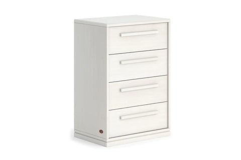 Pictured in Brushed White colour - The Block 4 Drawer Chest features a clean minimalist aesthetic, offering a versatile design combined with four drawers for ample storage. Comes fully assembled with no assembly required. Clean style timber bedside table, featuring 1 drawer for handy storage. Sustainably sourced Australian Araucaria timber.