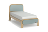 Modern bed with light wood frame and light blue panels on a white background
