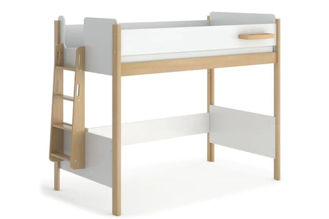 Pictured here in Barley Whte & Almond - The Boori Natty King Single Loft Bed with Ladder offers an aesthetically pleasing design with a contemporary two-tone effect. It's perfect for creating a Scandinavian-inspired interior and comes with a handy built-in shelf to keep necessities close. The ladder is designed to take up minimal floor space.
