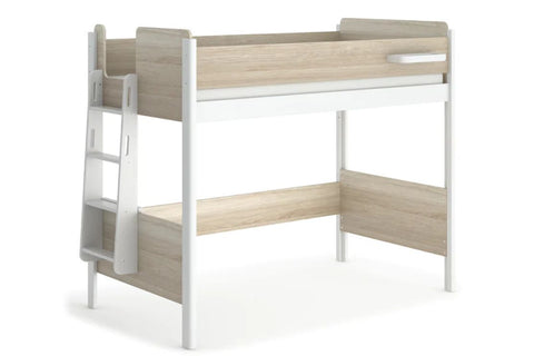 Pictured here in Barley White & Oak - The Boori Natty King Single Loft Bed with Ladder offers an aesthetically pleasing design with a contemporary two-tone effect. It's perfect for creating a Scandinavian-inspired interior and comes with a handy built-in shelf to keep necessities close. The ladder is designed to take up minimal floor space.