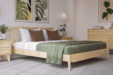 Add a touch of contemporary elegance to your bedroom with Boori's solid timber bed frame, meticulously crafted from high-quality sustainably sourced beech wood. The sleek design features pointed feet and a refined spindle headboard, making it a stylish statement piece. It is available in both King and Queen sizes, 