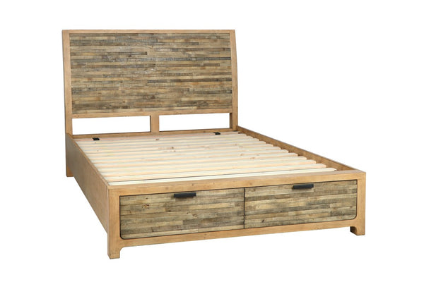 Cortona Bed - Handcrafted from reclaimed pine timber, this bed frame showcases the natural beauty of weathered wood, with its rich, warm tones and unique grain patterns adding character and depth to any bedroom.