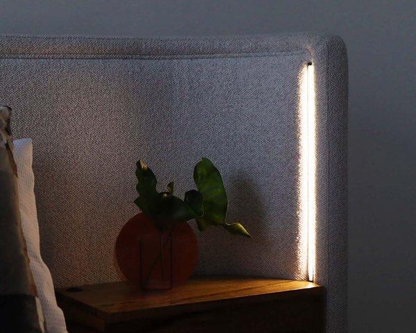 Daintree Bedside shelf up close detail with ambient LED lights and fabric headboard