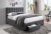 Dallas Bed Frame This elegant upholstered bed frame is available in Dark Grey or Pearl Grey and comes with the option of 2 end drawers at the foot of the bed.