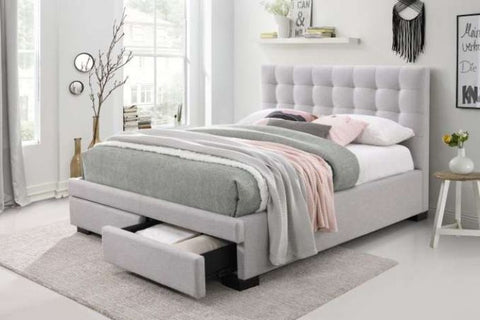 Dallas Bed Frame This elegant upholstered bed frame is available in Dark Grey or Pearl Grey and comes with the option of 2 end drawers at the foot of the bed.