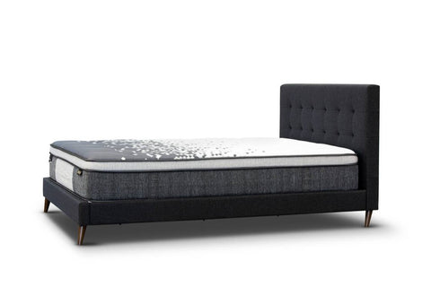 The Jackson Upholstered Bed is a luxurious and modern piece for your bedroom. It is crafted with a sleek tufted headboard upholstered in premium polyester fabric and dark chocolate legs.  The low end foot and top selling design make for a great value. This bed comes in two colors, light grey or charcoal. - Mattress not included