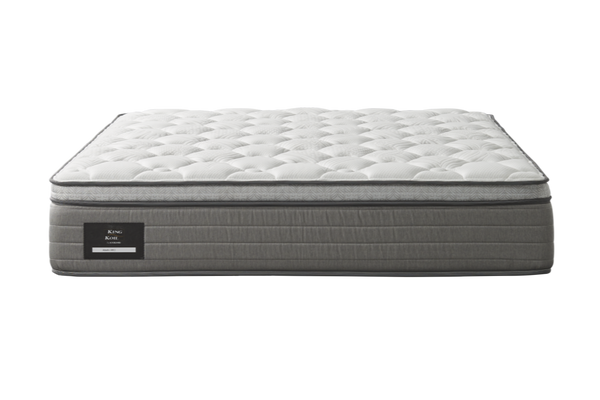 King Koil Plush Soft Abelia Reflex Plus Pillow Top Mattress with white top quilting and a grey border fabric