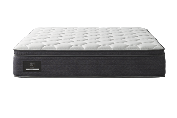 King Koil Plush Soft Kenwick Pillow top Mattress with white top quilting and a grey border fabric 