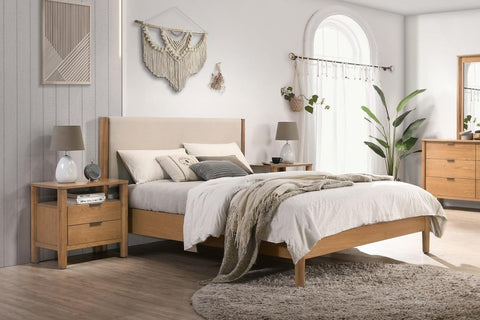 Murray Bed Frame with Upholstered Bedhead; Natural Oak with Upholstered Bedhead; Ash Veneer & Rubberwood; Queen or King Bed Frame; Optional Furniture - 2 Drawer Bedside Table - 5 Drawer Tallboy - 6 Drawer Dressing Table & Mirror; For the full range of options/pricing please visit us in store or contact us 1300 399 676