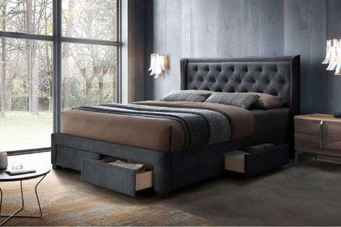 A stylish and comfortable choice for your bedroom. Boasting a luxurious winged bedhead with button tufting, it is upholstered in soft polyester fabric. Elegant rubberwood legs, strong slats & central support ensure lasting comfort, with four storage drawers with metal extensions runners. Available in queen & king