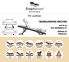 True Motion adjustable medical table with features listed on a beige background