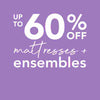 Promotional text on a purple background indicating up to 60% off mattresses and ensembles.