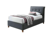 Dark Grey king single size upholstered fabric bed with white bedding and a gray throw