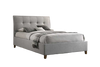 Light Grey queen size upholstered fabric bed with plaid blanket and pillows on a white background