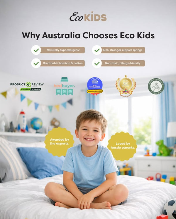 Why the Eco Kids Mattress is chossen by Australian families - Naturally hyponallergenic, 60% stronger springs, non-toxic, allergy friendly