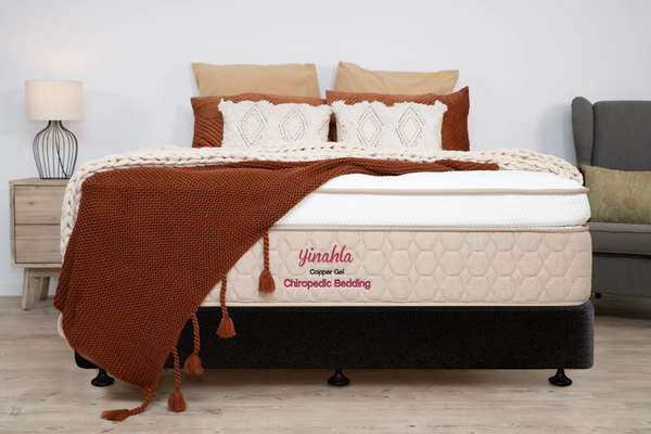 Yinahla Copper Gel Mattress & Bed Base Ensemble Package. Medium-soft, hypoallergenic comfort with copper-infused foam for heat dissipation. 20-year warranty. 150 Night Trial.