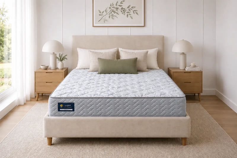 A.H. Beard Domino Encore Firm mattress with firm tight-top on an upholstered bed base - Australian made pocket-spring mattress from Best in Beds