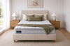 A.H. Beard Domino Encore Plush mattress with a pillow-top on an upholstered bed base in a light neutral bedroom - Australian made pocket-spring mattress from Best in Beds