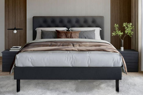 The Barbary Bed Frame is an elegant piece of modern-day charm, perfect to accentuate any room.  It features a sleek upholstery of dark grey fabric, giving an air of sophistication, and solid plywood slats for impeccable support.  Transform your room with this stylish and fashionable bed frame.