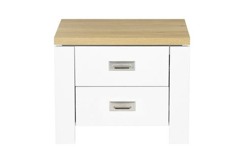 Bring coastal vibes to any room with the Beatrice 2 Drawer Bedside Table. Featuring a warm white and light oak tone, with 2 Drawers and metal runners, this bedside matches perfectly with the Beatrice Bed Frame, available in Single or Queen. Dimensions: 2 Drawer Bedside: Height: 45cm | Width: 55cm | Depth: 40cm
