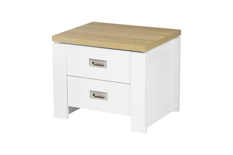 Bring coastal vibes to any room with the Beatrice 2 Drawer Bedside Table. Featuring a warm white and light oak tone, with 2 Drawers and metal runners, this bedside matches perfectly with the Beatrice Bed Frame, available in Single or Queen. Dimensions: 2 Drawer Bedside: Height: 45cm | Width: 55cm | Depth: 40cm