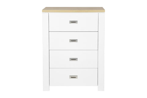 Bring coastal vibes to any room with the Beatrice 4 Drawer Tallboy. Featuring a warm white and light oak tone, with 4 Drawers and metal runners, this bedside matches perfectly with the Beatrice Bed Frame, available in Single or Queen. Dimensions: 4 Drawer Tallboy: Height: 110cm | Width: 80cm | Depth: 40cm