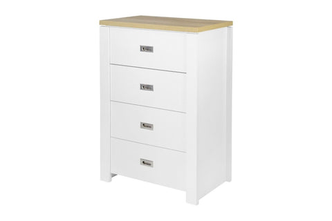 Bring coastal vibes to any room with the Beatrice 4 Drawer Tallboy. Featuring a warm white and light oak tone, with 4 Drawers and metal runners, this bedside matches perfectly with the Beatrice Bed Frame, available in Single or Queen. Dimensions: 4 Drawer Tallboy: Height: 110cm | Width: 80cm | Depth: 40cm