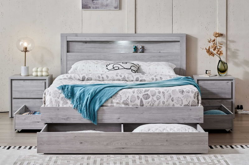 Belleville Queen bed frame in Cement Grey with three storage drawers open