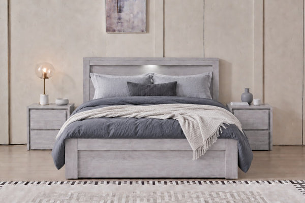 Belleville Queen front slat gas lift bed in Cement Grey with raised under-bed storage platform