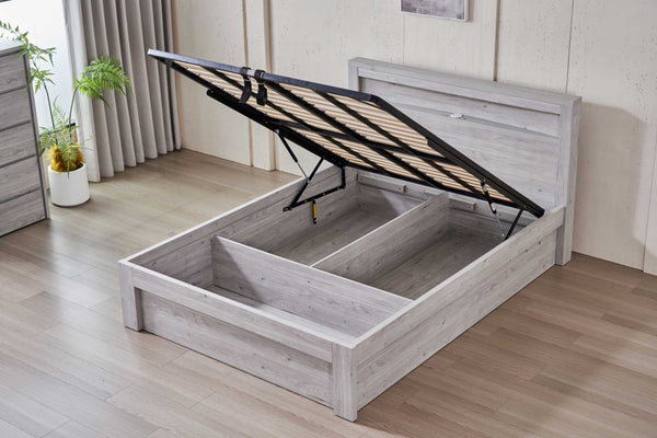 Belleville Queen front slat gas lift bed in Cement Grey showing the open under-bed storage area