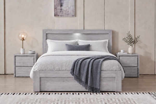 Belleville Queen front slat gas lift bed in Cement Grey with raised storage base and open end drawer
