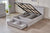 Belleville Queen front slat gas lift bed and end drawer in Cement Grey showing both storage areas open