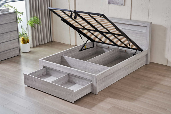 Belleville Queen front slat gas lift bed and end drawer in Cement Grey showing both storage areas open