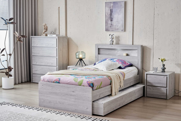Belleville King Single bed in Cement Grey with the optional trundle extended beside the bed