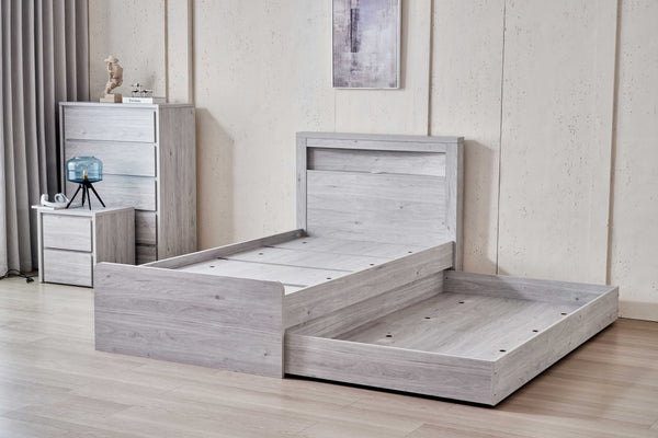 Belleville King Single bed in Cement Grey with the enclosed trundle open for bedding storage