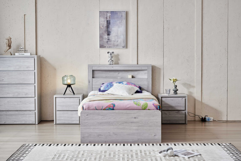 Belleville King Single fixed bed frame in Cement Grey styled in a modern bedroom