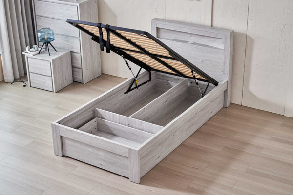 Belleville King Single front gas lift bed in Cement Grey with the mattress platform raised