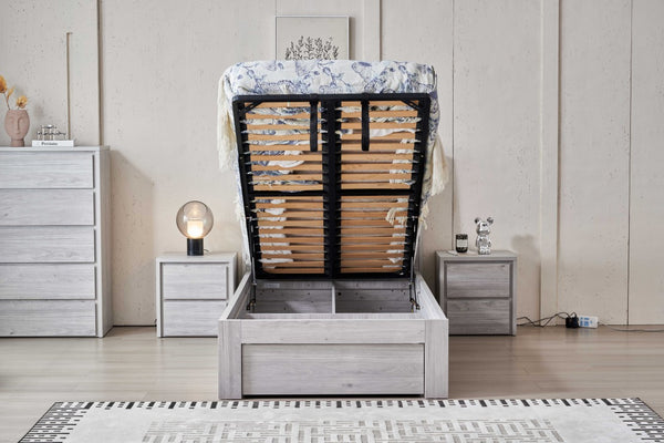 Belleville King Single front gas lift bed in Cement Grey with under-bed storage and end drawer open